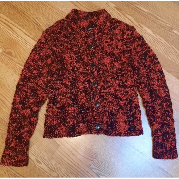 L.L. Bean Sweaters - L.L. Bean Red Black Cable Knit Cardigan Wool Blend Mock Neck Size Small Chunky